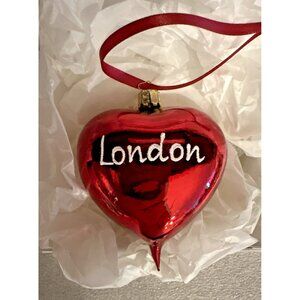 Christborn Red Blown Glass Puffy Heart Christmas Ornament "London" Mica Finial
